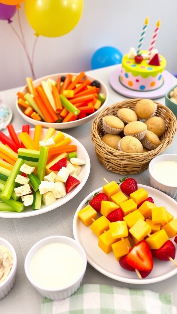 A vibrant spread of toddler appetizers including vegetable sticks, cheese cubes, fruit skewers, mini muffins, and dips.